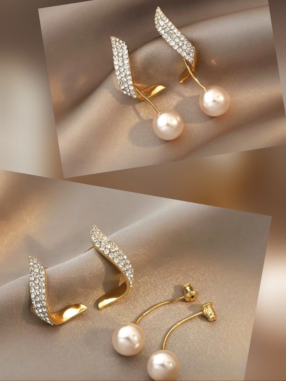 Gold Crystal Wave & Pearl  Earrings.18k Gold Plated. NWT. Fast Ship. Wear 2 Ways